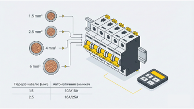 Таблиця вибору автоматичного вимикача за перерізом кабелю та потужністю (ПУЕ)