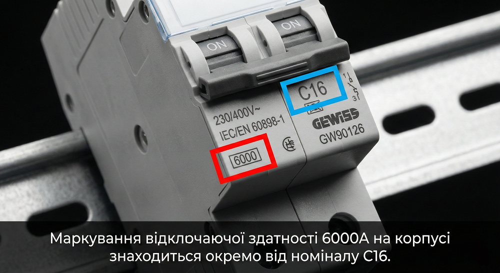 Маркування відключаючої здатності 6000А на корпусі автомата