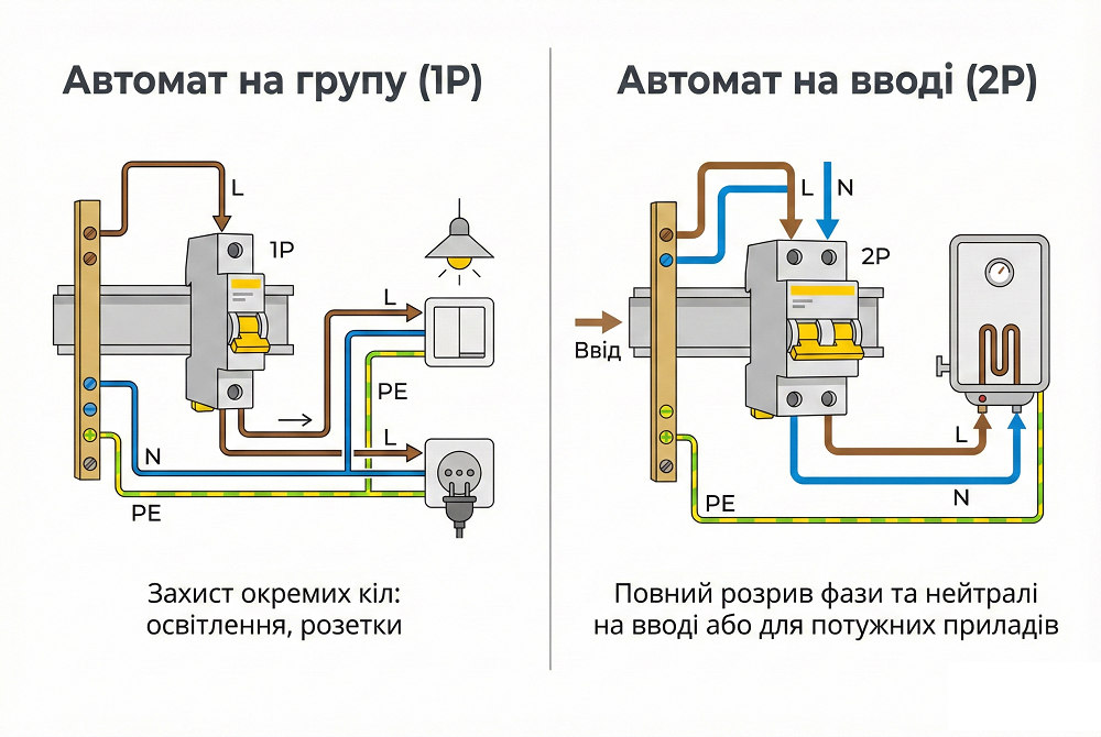 Схема підключення однополюсних та двополюсних автоматів