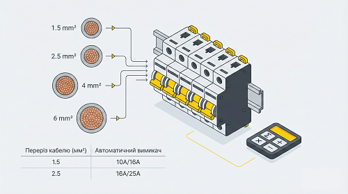 Таблиця вибору автоматичного вимикача за перерізом кабелю та потужністю (ПУЕ)
