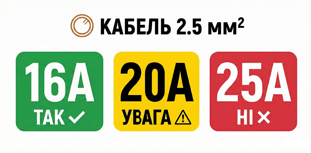 Схема безпечного вибору автомата для кабелю перерізом 2.5 мм кв