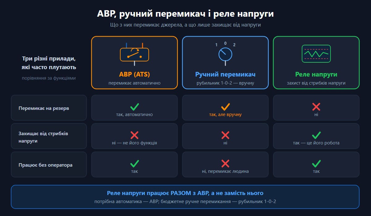 Порівняння трьох приладів — АВР, ручний перемикач 1-0-2 і реле напруги — за функціями.