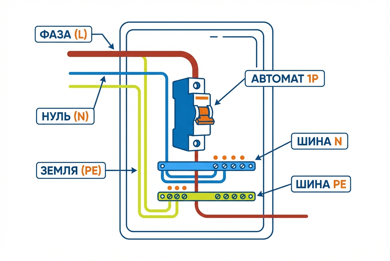 Схема щитка: однополюсний автомат розриває фазний провід, нуль підключений на нульову шину N