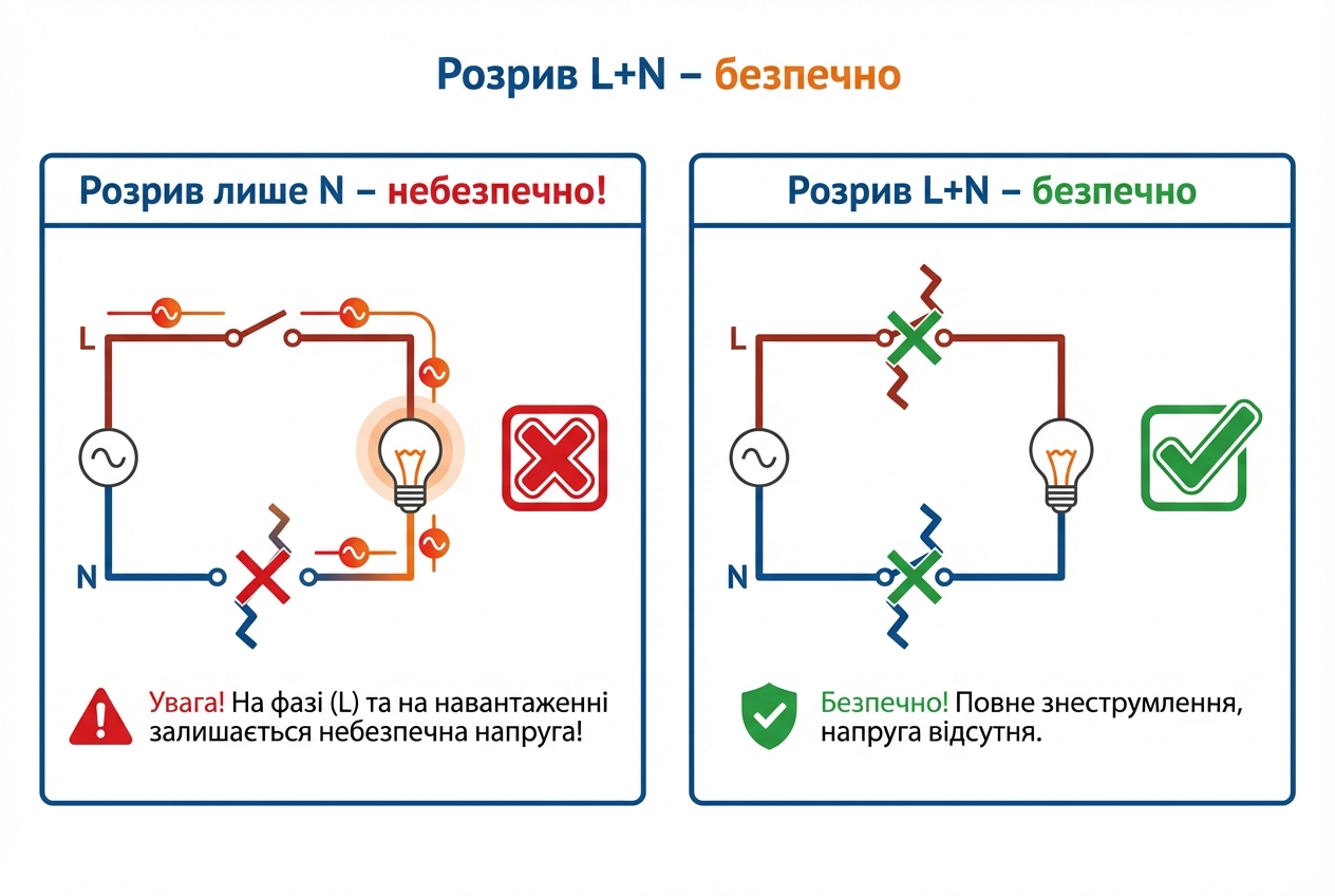 Схема небезпеки: при розриві тільки нульового провідника фаза залишається на навантаженні