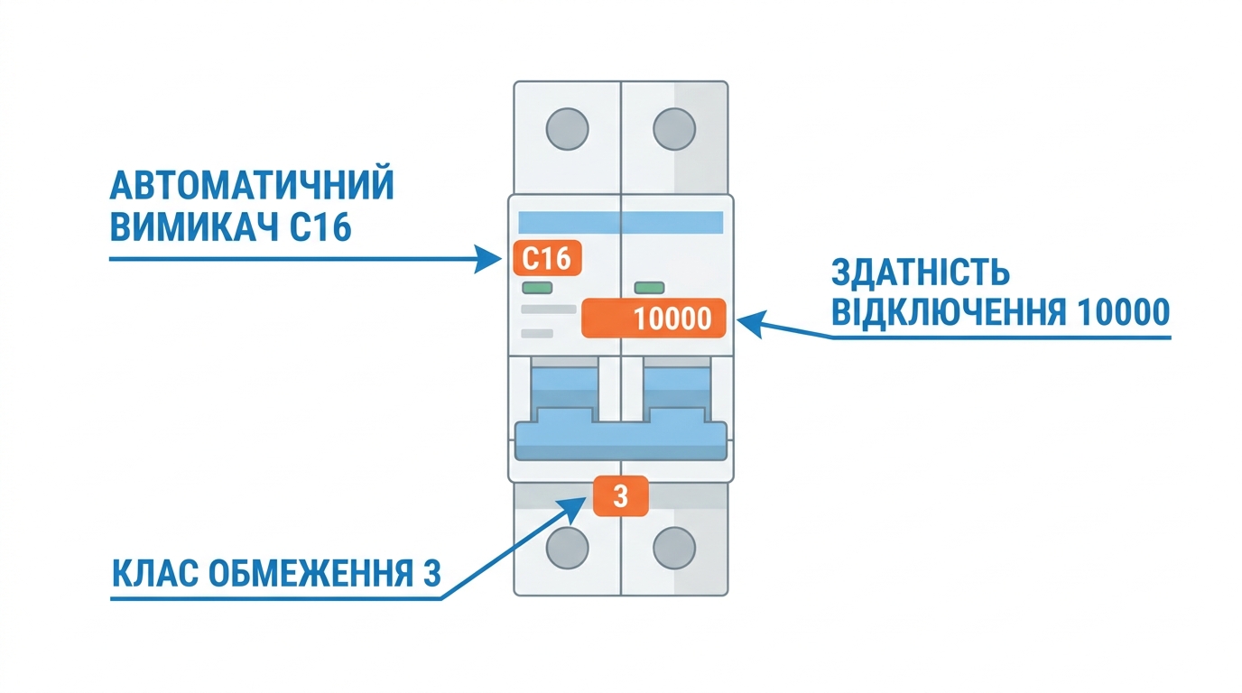 Маркування на корпусі автоматичного вимикача — позначення C25, 10000 та клас струмообмеження