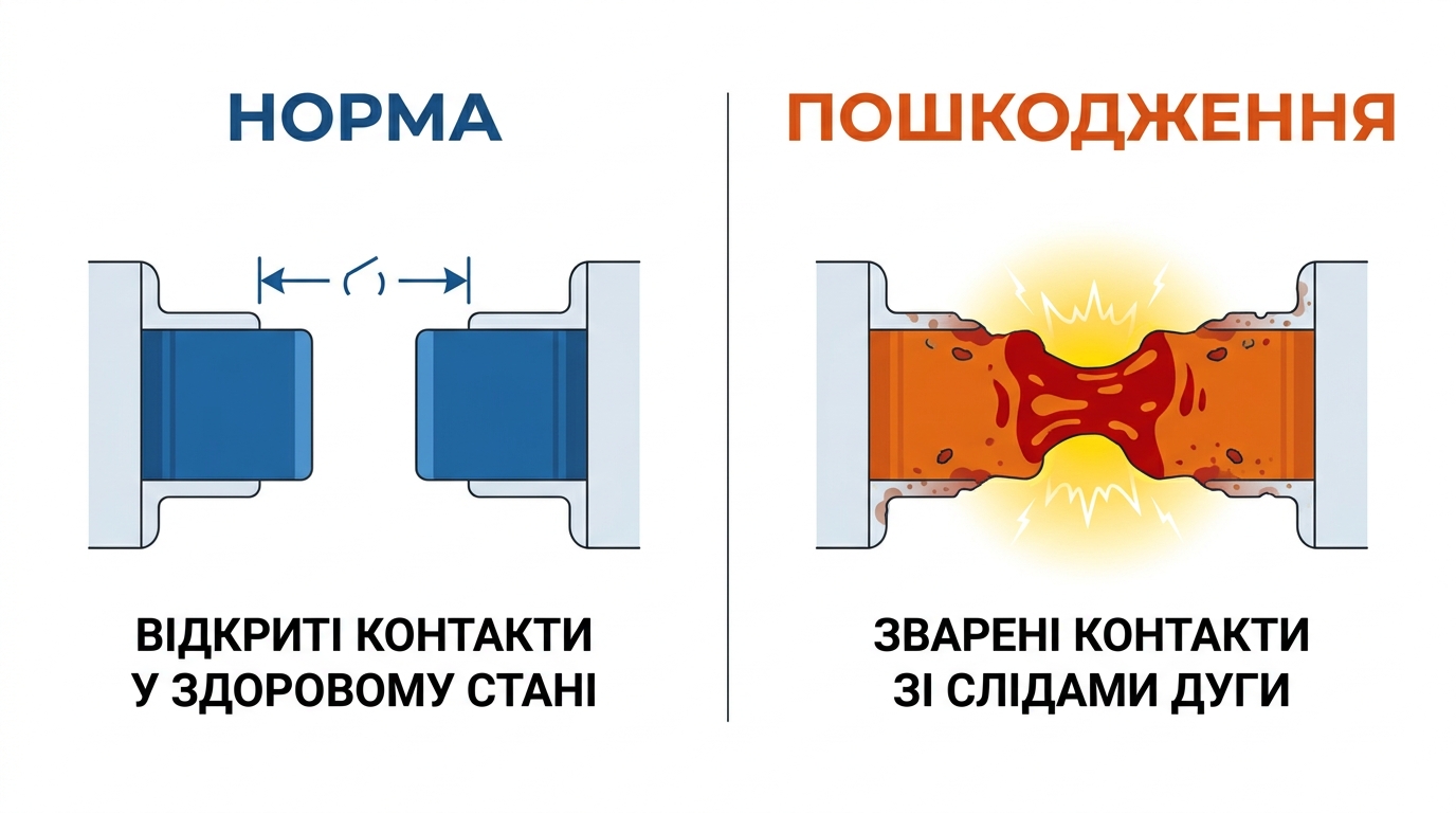 Зварені контакти автомата — порівняння нормального та пошкодженого стану контактної групи