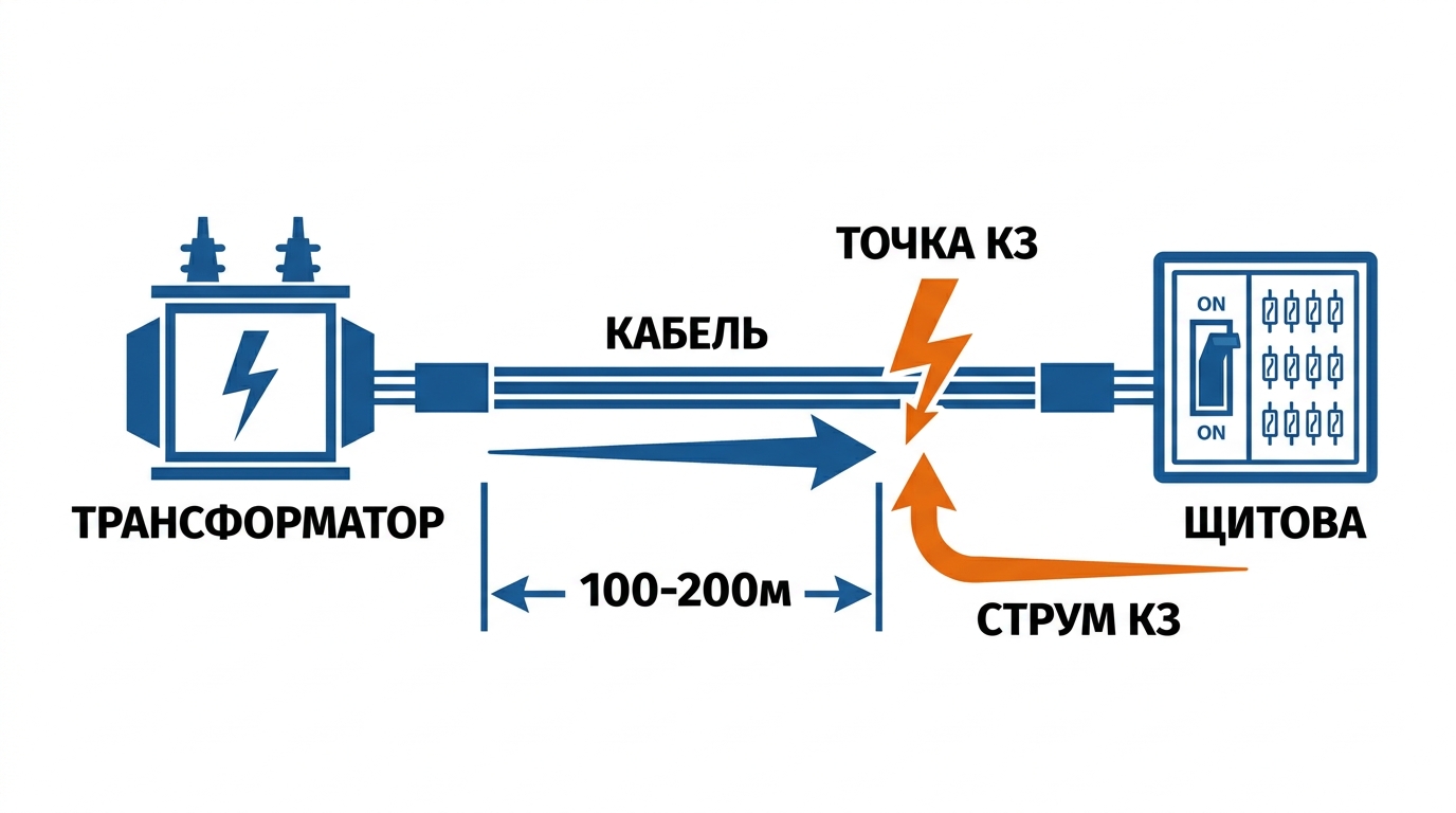 Схема електричної лінії від трансформатора до щита — точка короткого замикання та напрямок струму КЗ