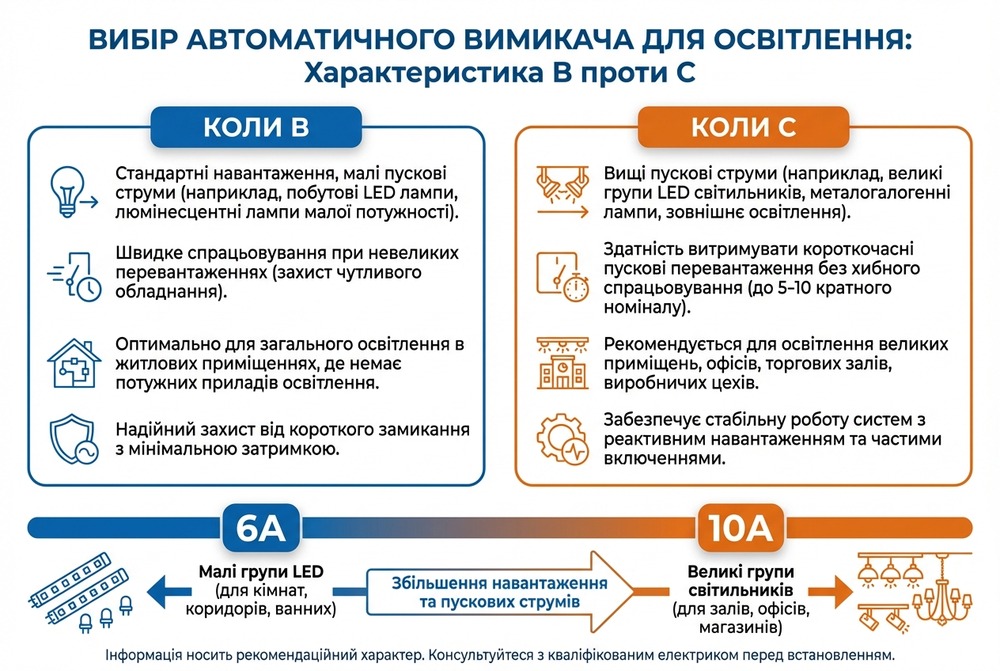 Шпаргалка: 6A/10A для освітлення + B vs C — коли яку характеристику обирати