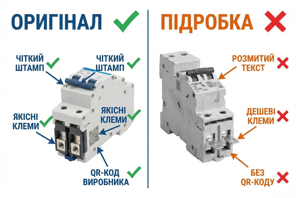 Порівняння оригінального та підробленого автоматичного вимикача