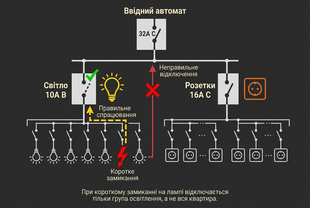 Діаграма селективності: ввідний автомат та групові автомати для світла і розеток