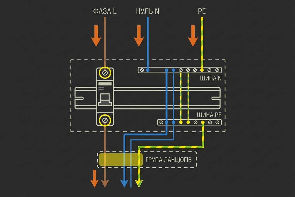 Схема комутації групового автоматичного вимикача в побутовому щитку