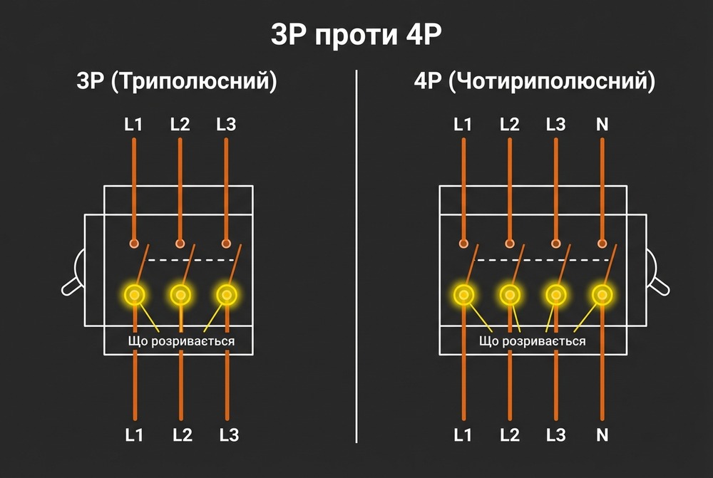 Схема підключення триполюсного та чотириполюсного автомата в мережі 380В: відключення фаз та нейтралі