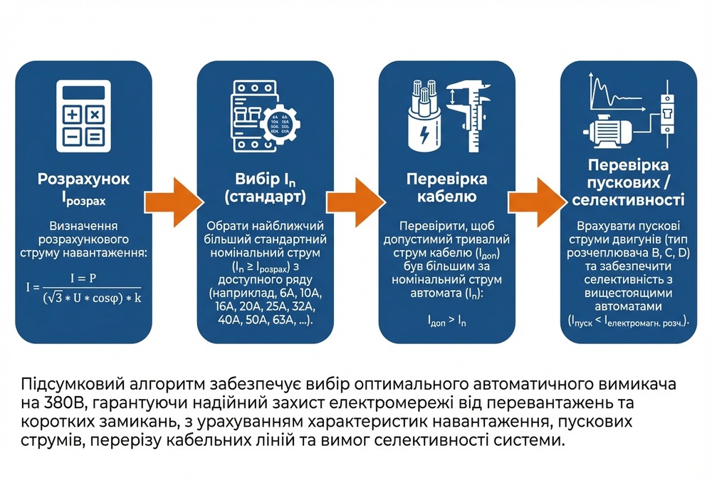 Алгоритм вибору номіналу автомата 380В: розрахунок струму, вибір стандартного In, перевірка допустимого струму кабелю та умов пуску