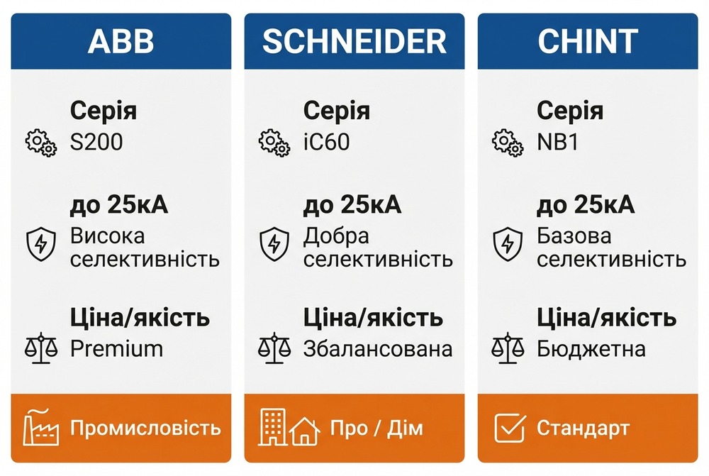 Популярні виробники трифазних автоматів: порівняння ABB, Schneider, CHINT