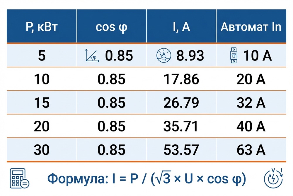 Швидке зіставлення потужності та струму для трифазної мережі 380В