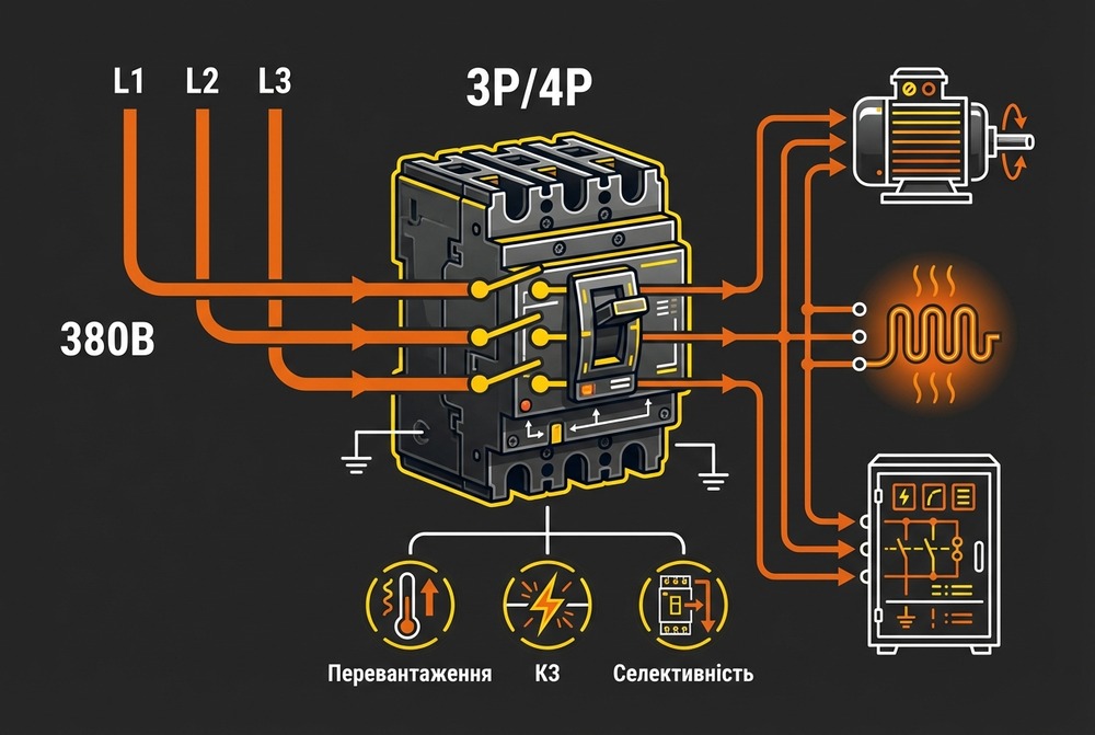Схема роботи трифазного автоматичного вимикача 380В: живлення 3 фази, автомат 3P/4P, захист навантаження від перевантаження та короткого замикання