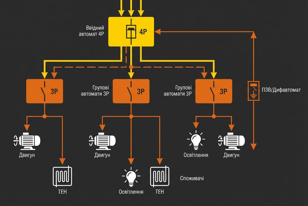 Схема селективності в трифазному щиті 380В: ввідний автомат, групові автомати, ПЗВ/дифавтомати