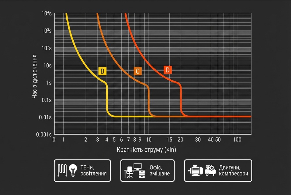 Криві відключення автоматичних вимикачів B, C, D: діапазони кратності струму та приклади навантажень