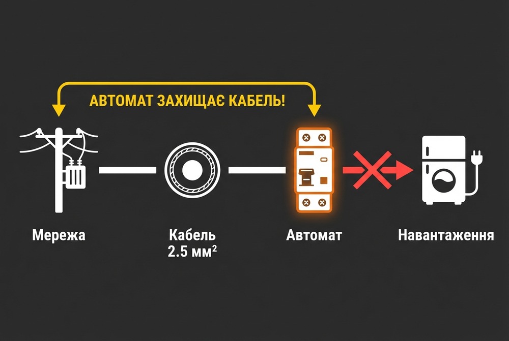 Схема: автоматичний вимикач захищає кабельну лінію від перегріву