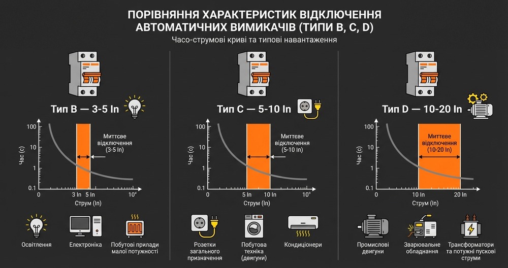  Чим відрізняються автомати характеристик B, C та D