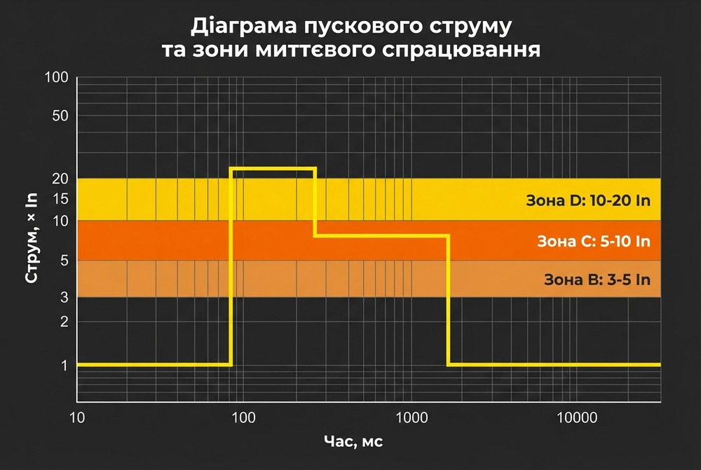 Діаграма пускового струму та зони миттєвого спрацювання автоматів B, C і D