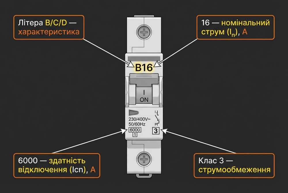 Фото маркування автоматичного вимикача: приклад B16 із позначенням номіналу In, характеристики B та здатності відключення Icn