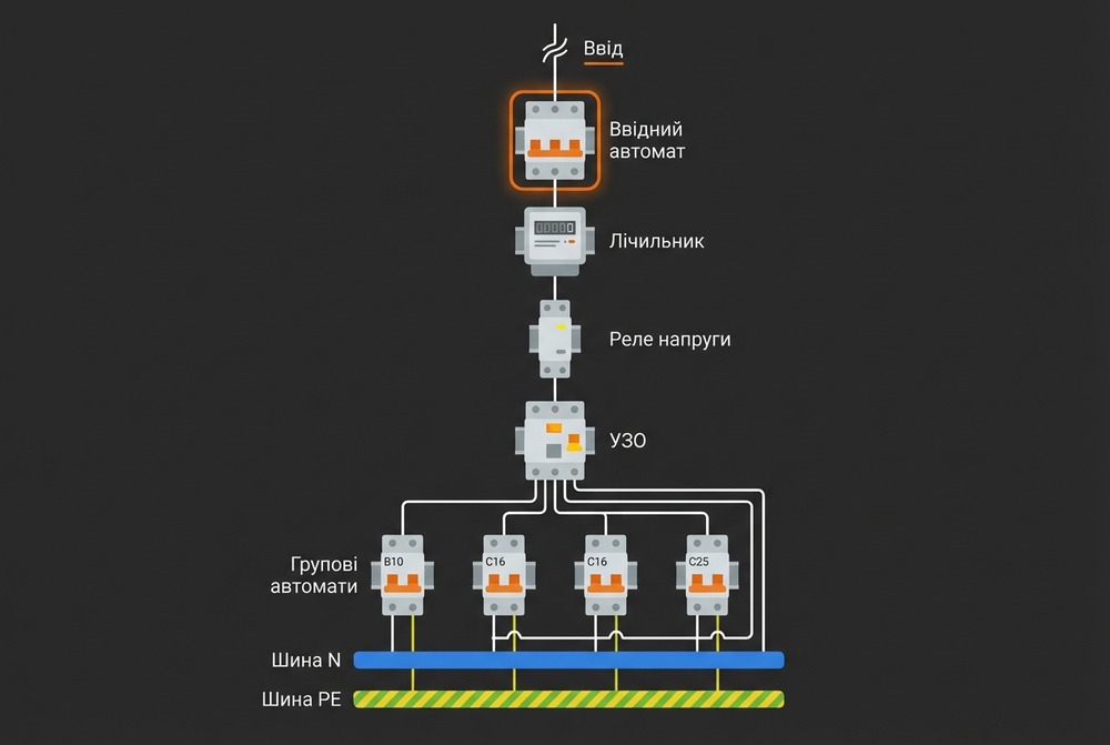 Схема підключення в електрощитку: ввідний автомат, УЗО, групові автомати, шини N та PE