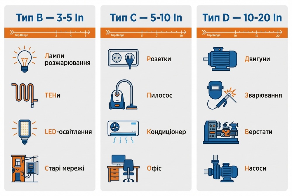 Інфографіка: як вибрати автомат B, C або D за пусковими струмами та типом навантаження