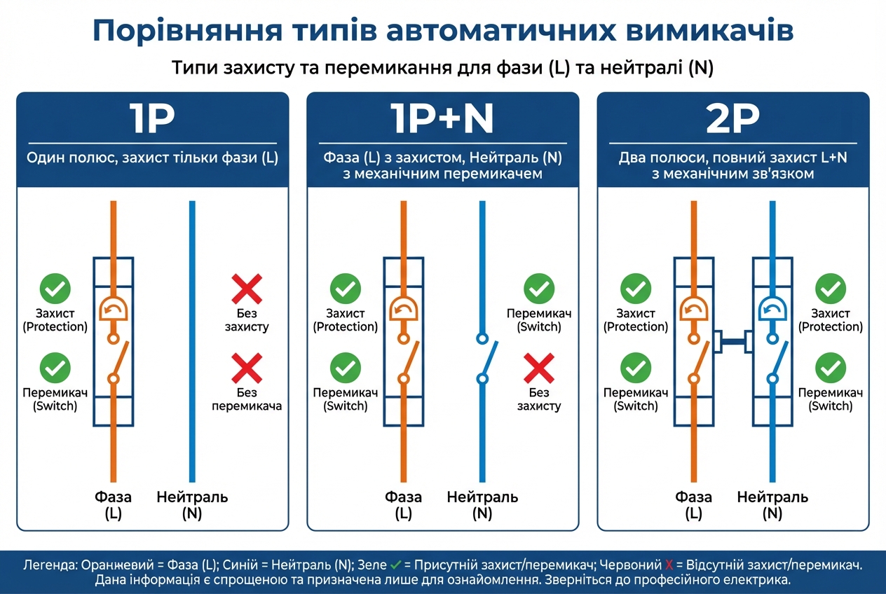 Порівняння розриву кола для 1P, 1P+N та 2P автоматів: що розмикає кожен тип