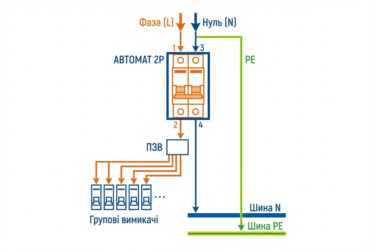 Схема підключення двополюсного ввідного автомата у щитку з розривом фази L та нуля N