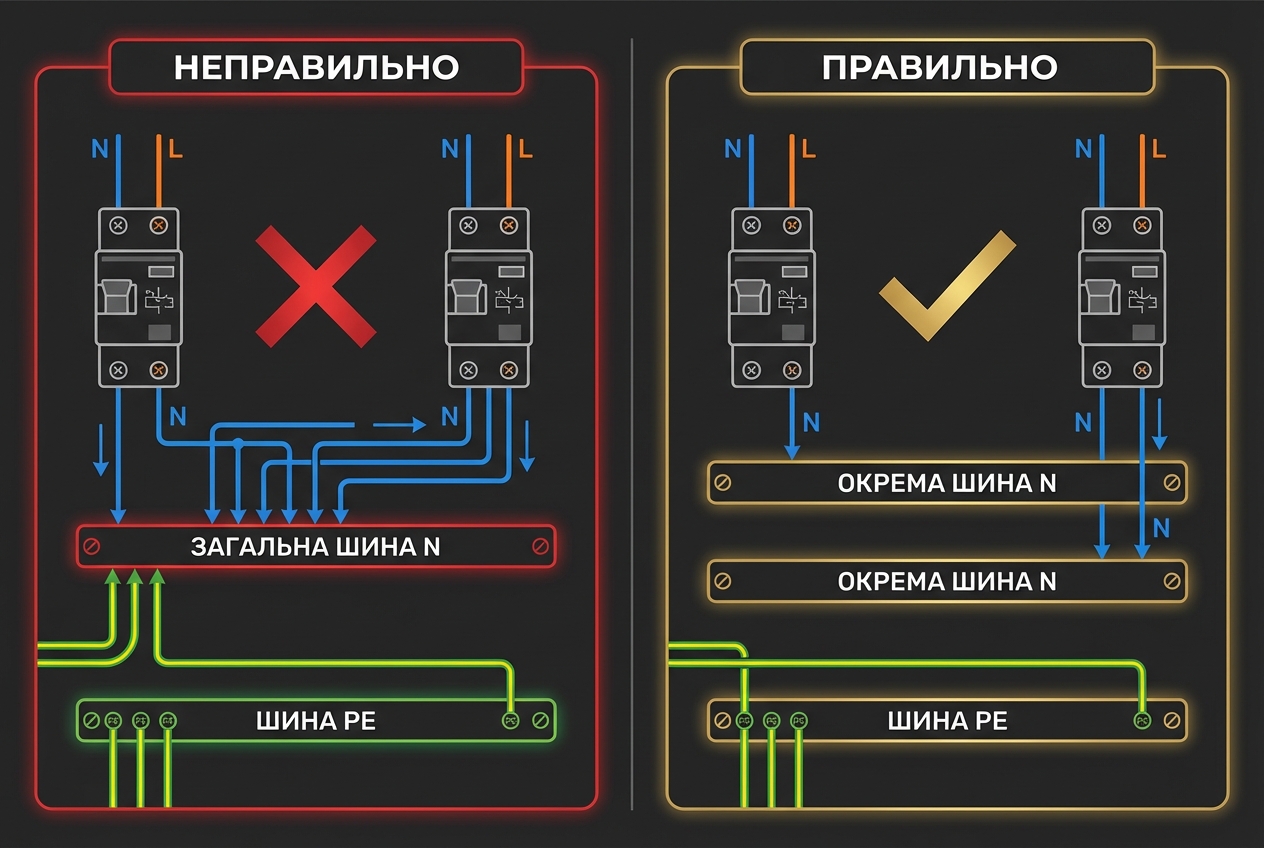 Типова помилка та правильне підключення нулів у щитку: окрема шина N після УЗО
