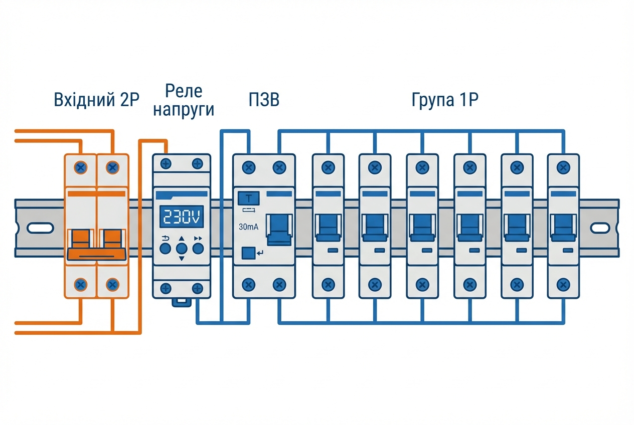 Типова компоновка щитка: ввідний 2P автомат, реле напруги, УЗО та групові автомати