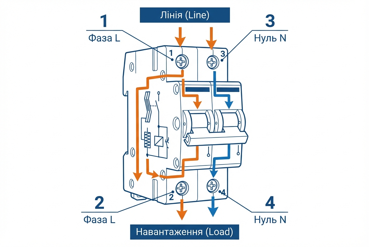 Маркування клем на корпусі двополюсного автомата: вхід Line та вихід Load