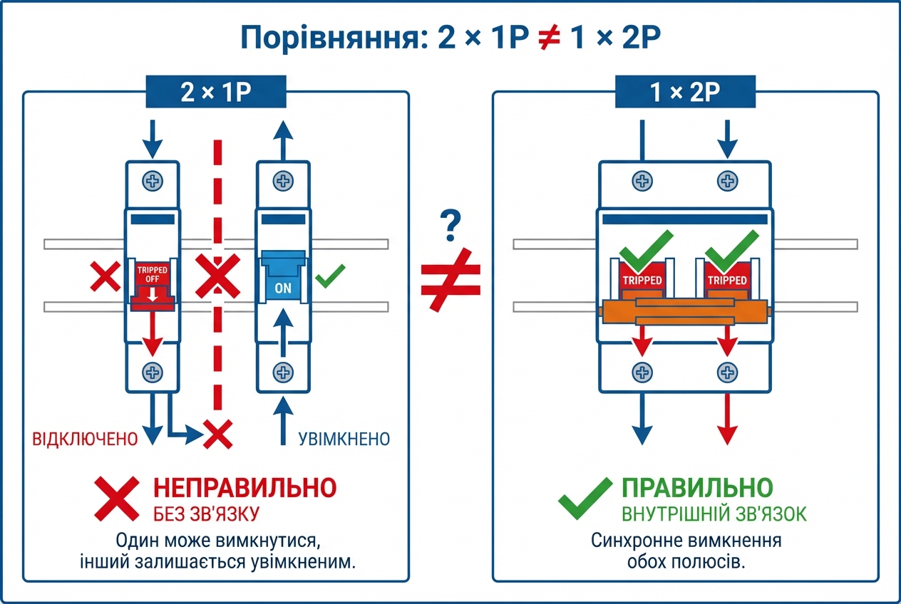 Порівняння: два однополюсні автомати 1P не мають механічного зв'язку, на відміну від двополюсного 2P