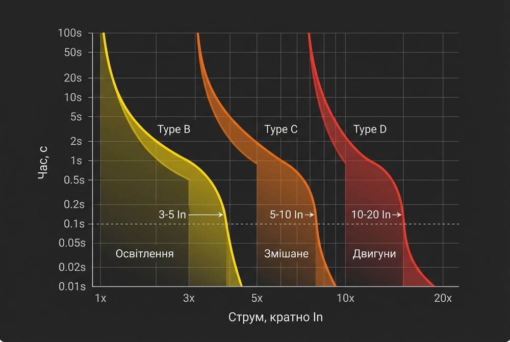 Порівняння кривих спрацювання B, C і D автоматичного вимикача та типові навантаження для кожної