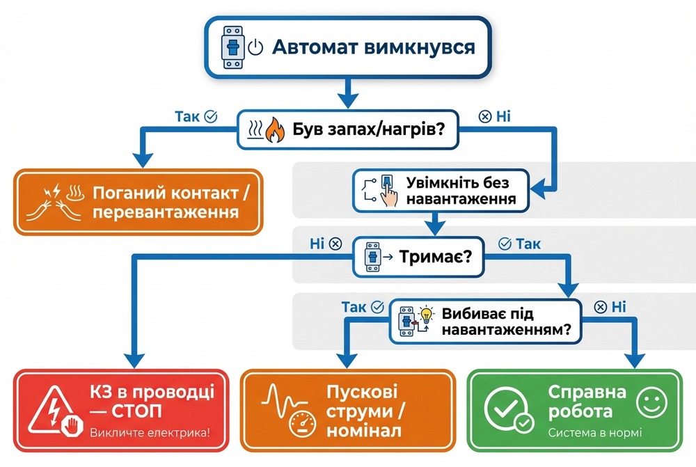 Схема-дерево рішень: як відрізнити перевантаження, коротке замикання та хибне спрацювання автомата