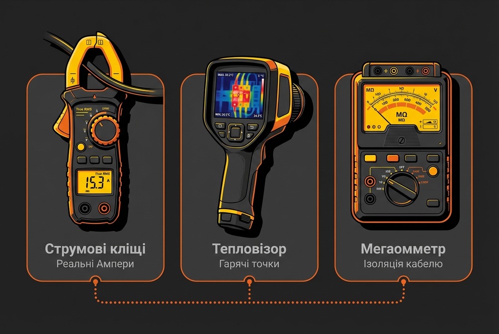 Інструменти для діагностики електромережі: струмові кліщі, тепловізор і мегаомметр
