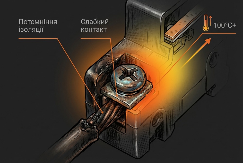 Перегрів клеми автоматичного вимикача через слабкий контакт: потемніння, підплавлення ізоляції та сліди перегріву