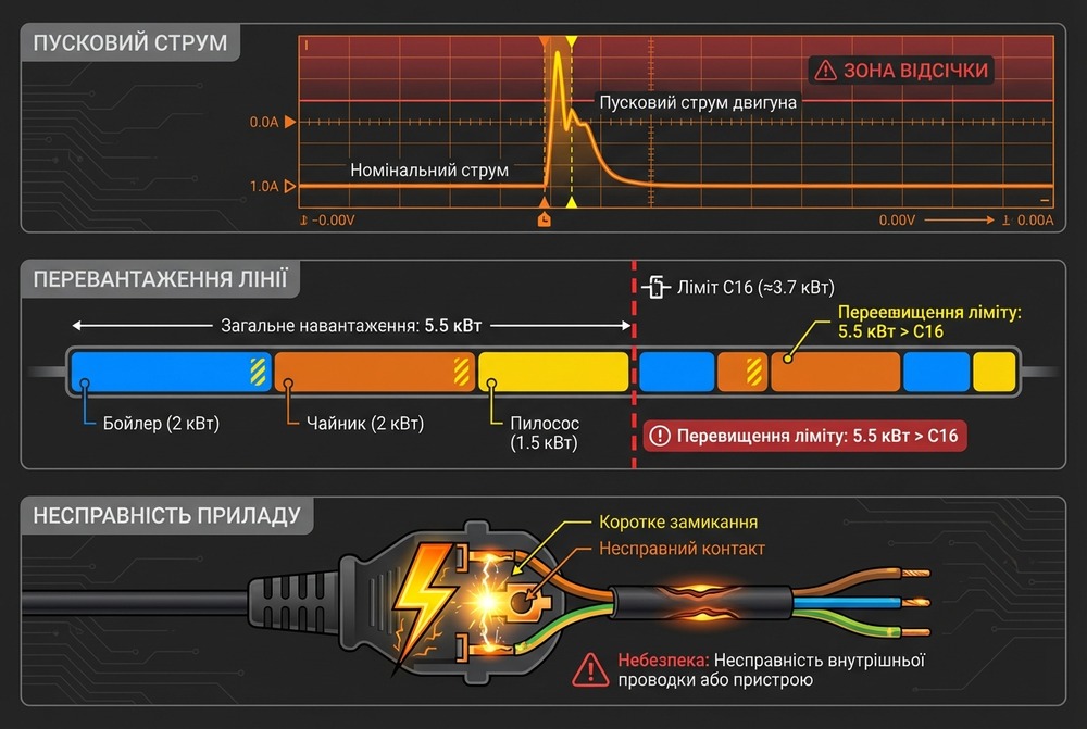 Три причини спрацювання автомата при ввімкненні пилососа: пусковий струм, перевантаження лінії та несправність приладу