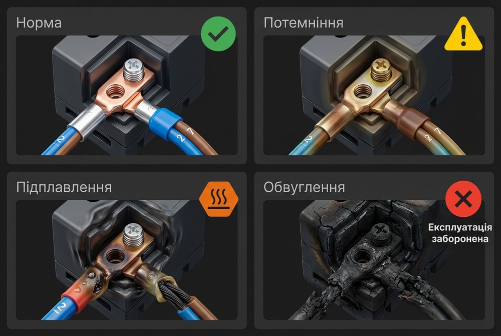 Візуальний огляд клем автомата: норма, потемніння, підплавлення та обвуглення ізоляції