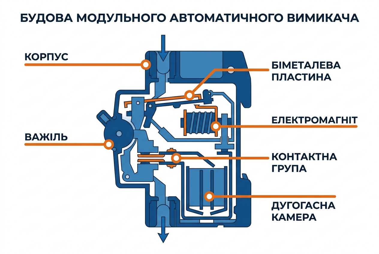 Будова модульного автоматичного вимикача у розрізі — основні компоненти
