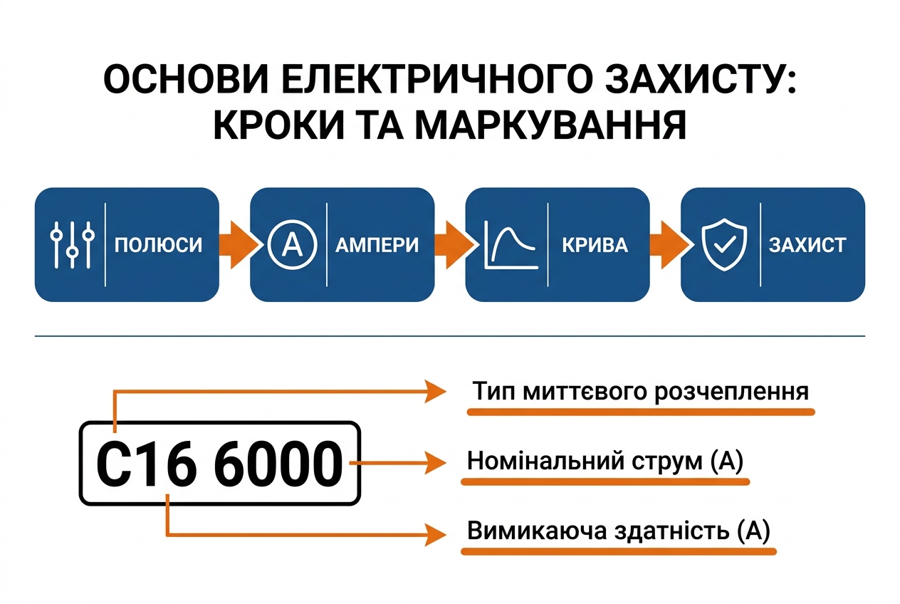 Алгоритм вибору модульного автомата — 4 кроки: полюси, струм, крива, стійкість