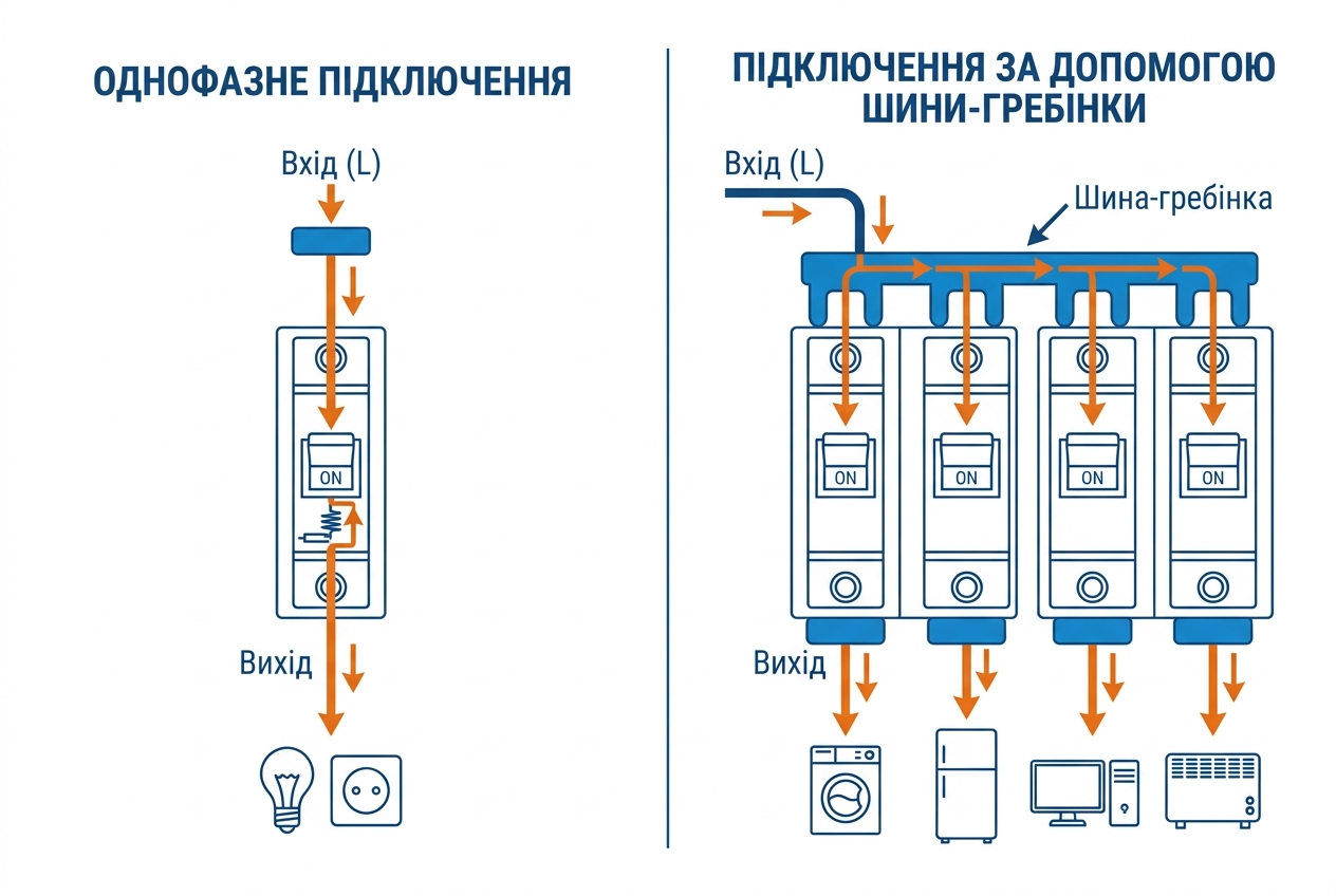 Схема підключення автомата — вхід зверху, вихід знизу, з'єднання шиною-гребінкою
