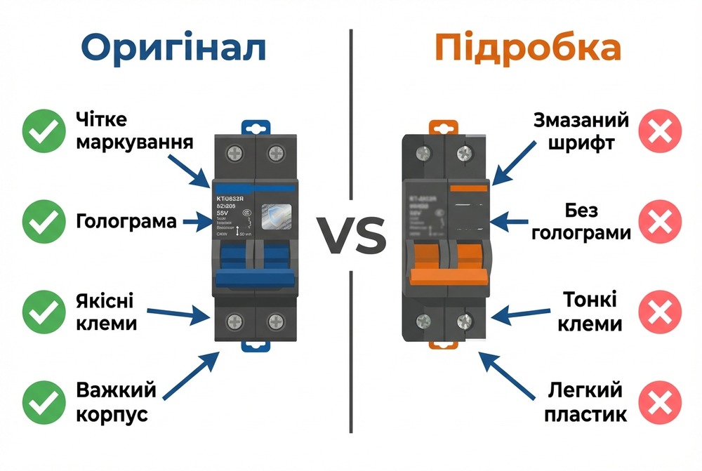 Порівняння ознак оригінального автоматичного вимикача UEC/Gewiss та типової підробки: маркування, голограма, якість клем