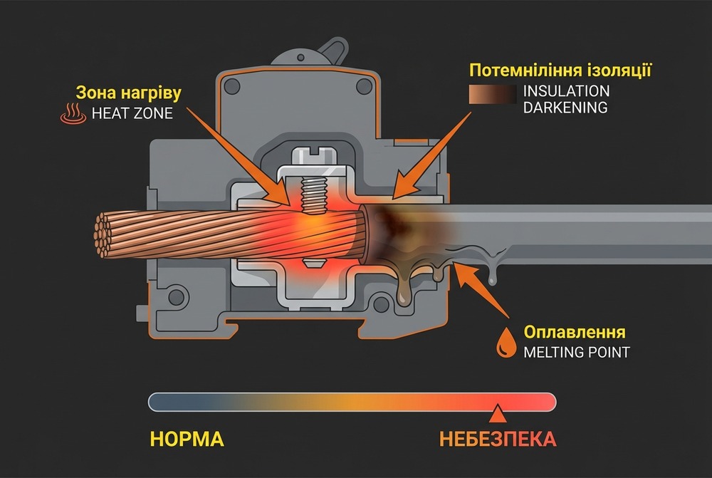 Ілюстрація наслідків: оплавлена ізоляція та потемніння контакту в клемі автомата через завищений номінал