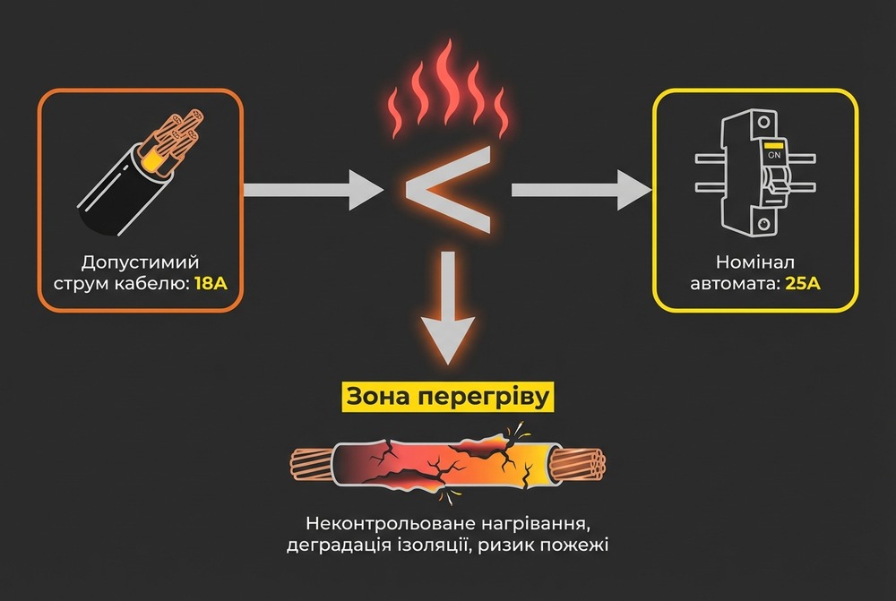 Схема процесу: завищений номінал автомата порівняно з допустимим струмом кабелю призводить до неконтрольованого нагріву