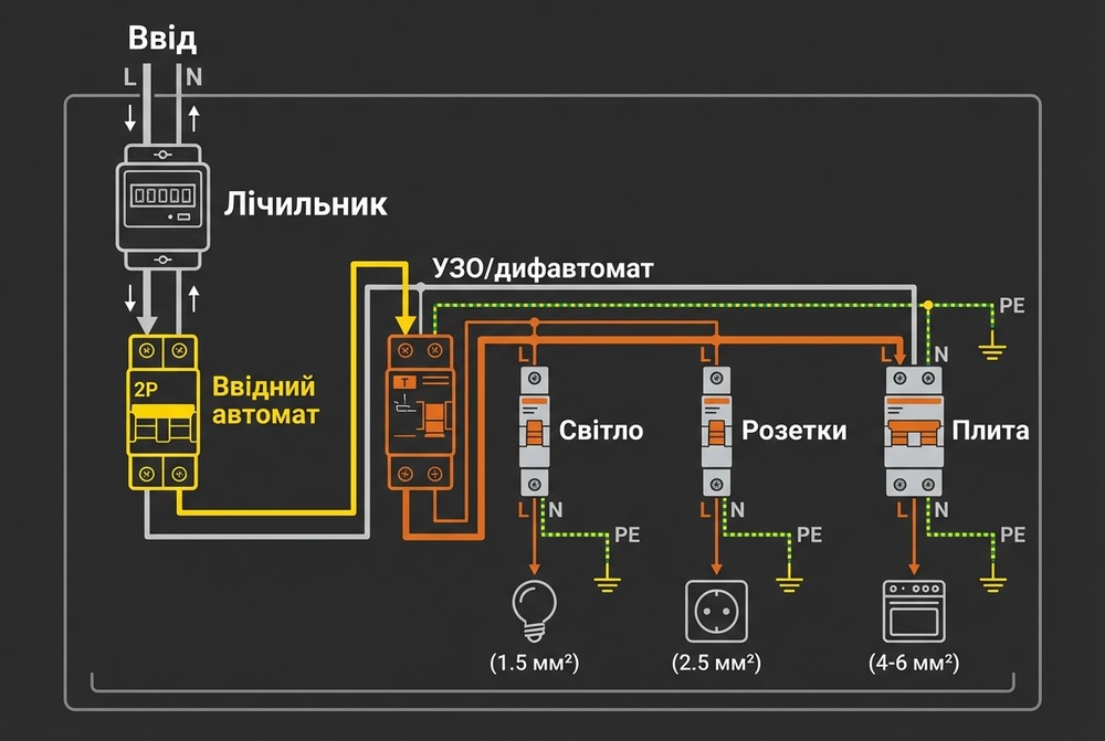 Узагальнена схема побутового електрощитка: ввідний автомат захищає всю систему, групові — конкретні лінії