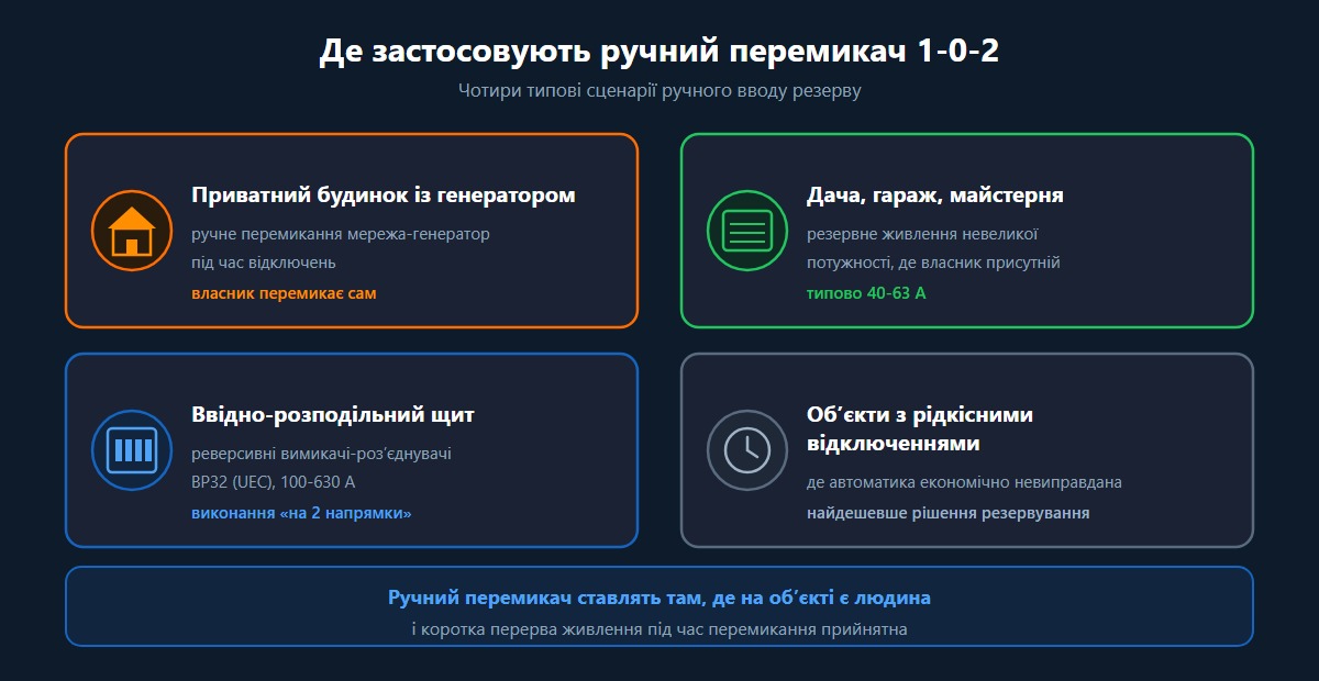 Сфери застосування ручного перемикача навантаження 1-0-2 — будинок, гараж, щит, дача.