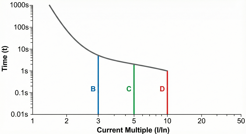 Порівняння зон спрацювання електромагнітного розчіплювача для типів B, C та D
