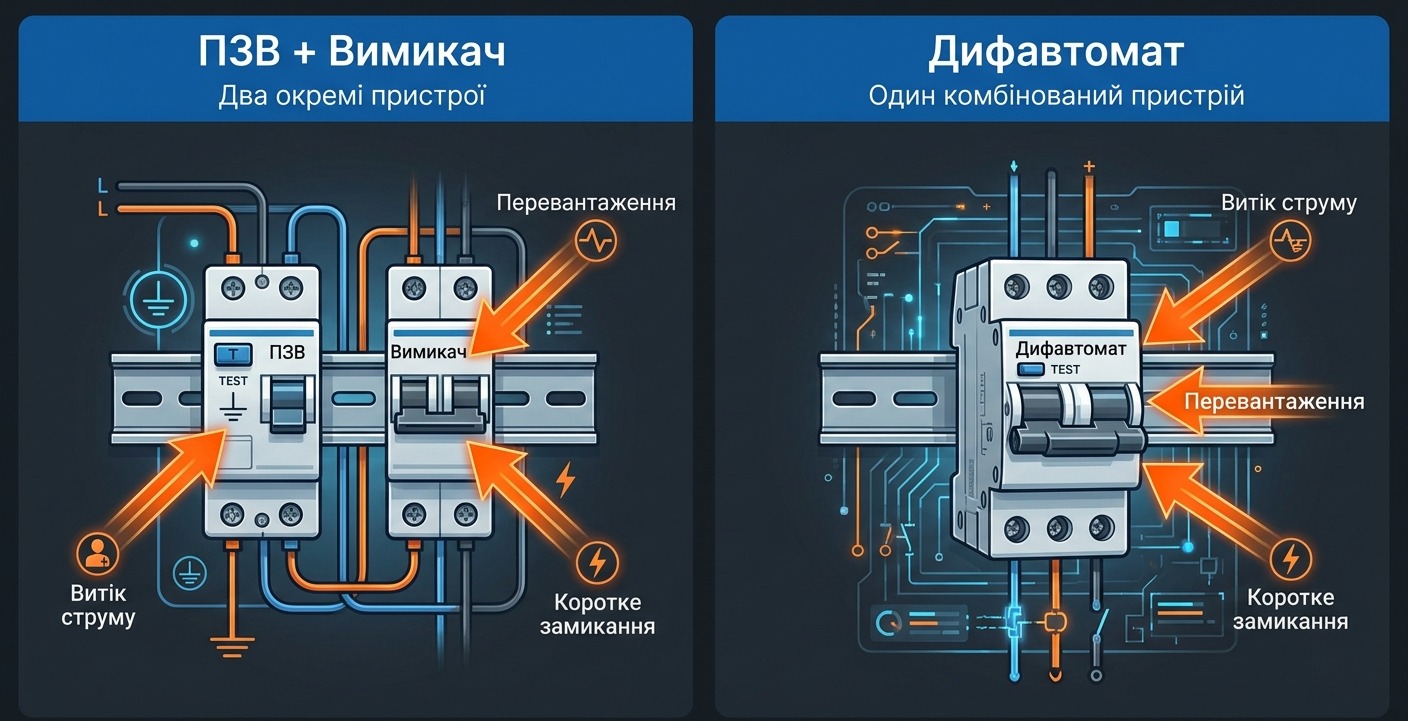 Порівняння конфігурацій: зв'язка ПЗВ + автомат займає 3–4 модулі, дифавтомат — лише 2 модулі на DIN-рейці.